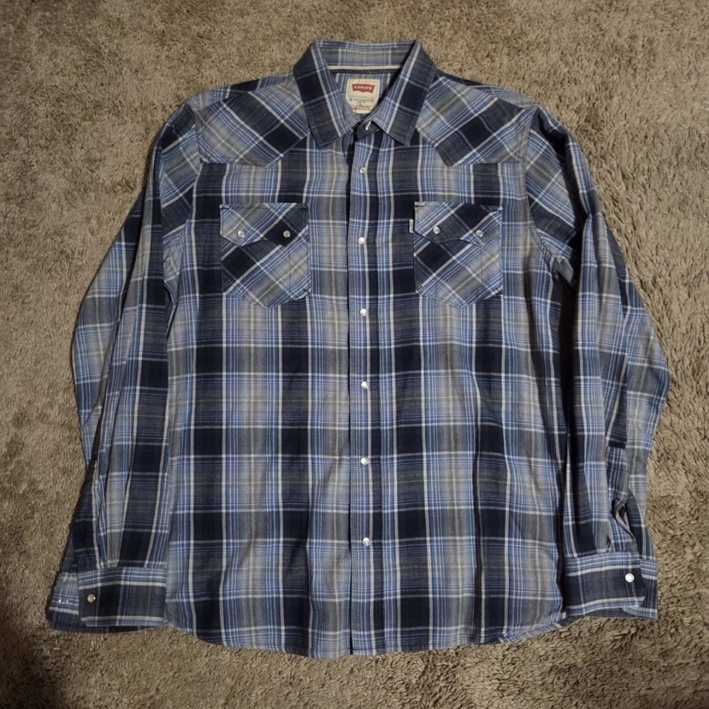 Levi's Western Plaid Blue Pearl Snap Shirt Men's Large